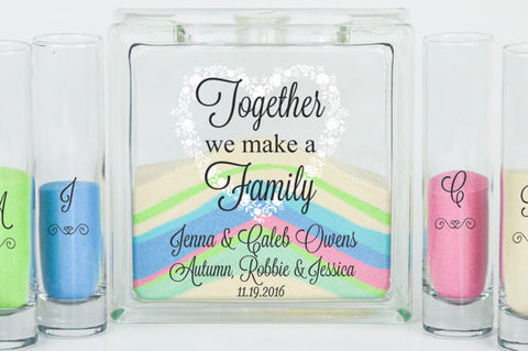 Blended Family Unity Sand Set - Unity Candle Alternative - Together We Make a Family with White Floral Heart