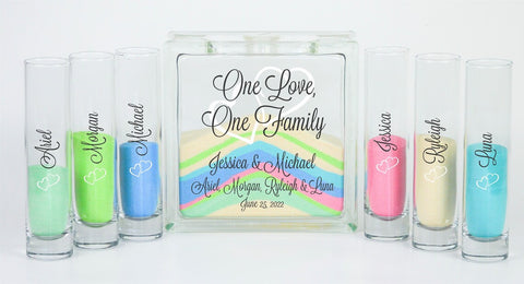 Blended Family Unity Sand Set - Unity Candle Alternative - One Love, One Family with Interlocking Hearts