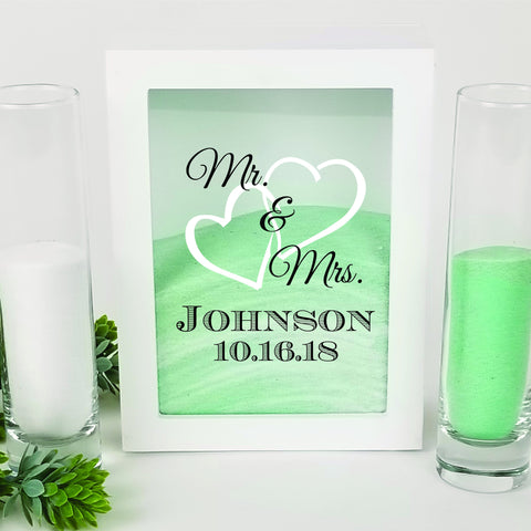 Unity Sand Ceremony Set White Shadow Box - Mr. & Mrs. Hearts with Surname
